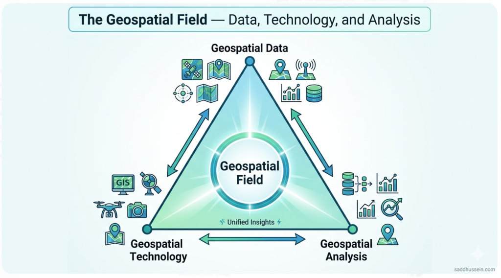What is geospatial--Triangle diagram showing the three pillars of the geospatial field — geospatial data at one vertex, geospatial technology at another, and geospatial analysis at the third — with arrows connecting them and a central label reading "geospatial field," illustrating how the three components interact