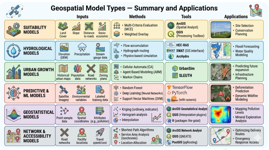 Summary table or diagram showing the six geospatial model types down the left column — suitability, hydrological, urban growth, predictive and ML, geostatistical, network and accessibility — with columns showing typical inputs, key methods, primary software tools, and example applications for each type