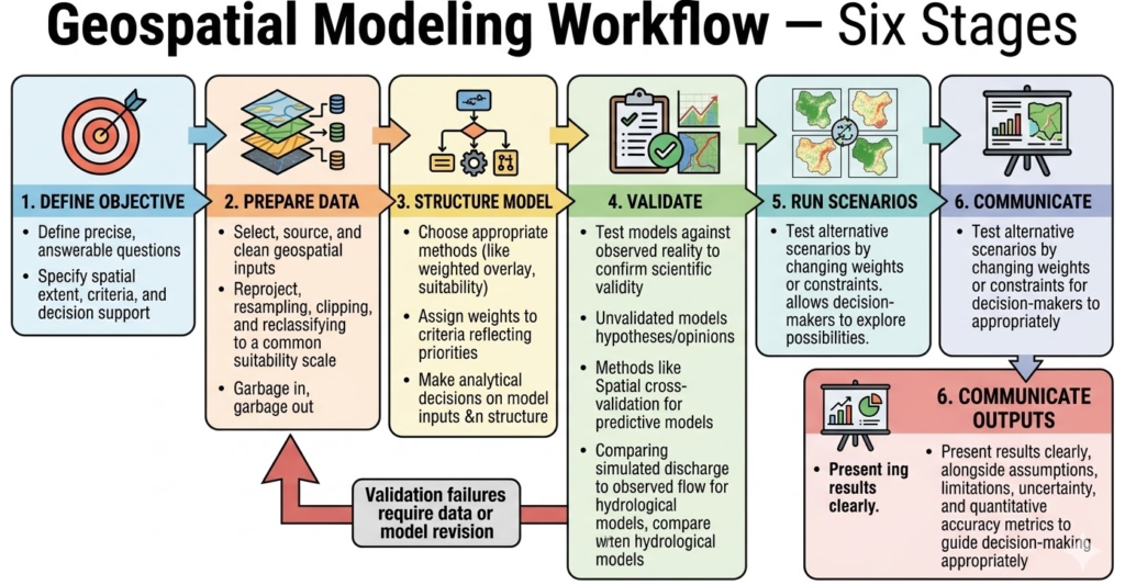 Horizontal flow diagram showing the six stages of a geospatial modeling workflow in sequence — define objective, prepare data, structure model, validate, run scenarios, communicate outputs — with brief descriptions under each stage and arrows connecting them, with a feedback loop arrow from validate back to prepare data indicating that validation failures require data or model revision