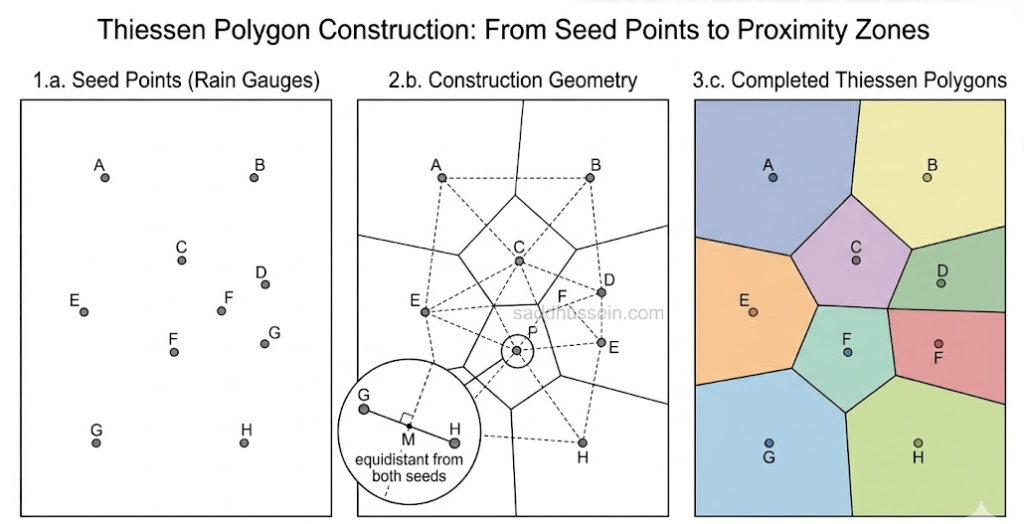 Three-panel diagram showing Thiessen polygon construction. Left panel shows eight seed points (rain gauges) scattered across a rectangular study area, labeled A through H. Center panel shows the construction geometry: dashed perpendicular bisector lines drawn between each pair of neighboring seed points, with the bisectors intersecting to form polygon vertices. A detail callout shows two adjacent seeds with their connecting line and perpendicular bisector, with the midpoint labeled as equidistant from both seeds. Right panel shows the completed Thiessen polygon layer: eight polygons, one per seed, with solid boundary lines, each polygon shaded a distinct color and labeled with its seed point identifier. Polygon sizes vary, with isolated seeds having larger polygons and clustered seeds having smaller ones. The Delaunay triangulation is shown as a faint overlay connecting adjacent seed points whose polygons share boundaries.