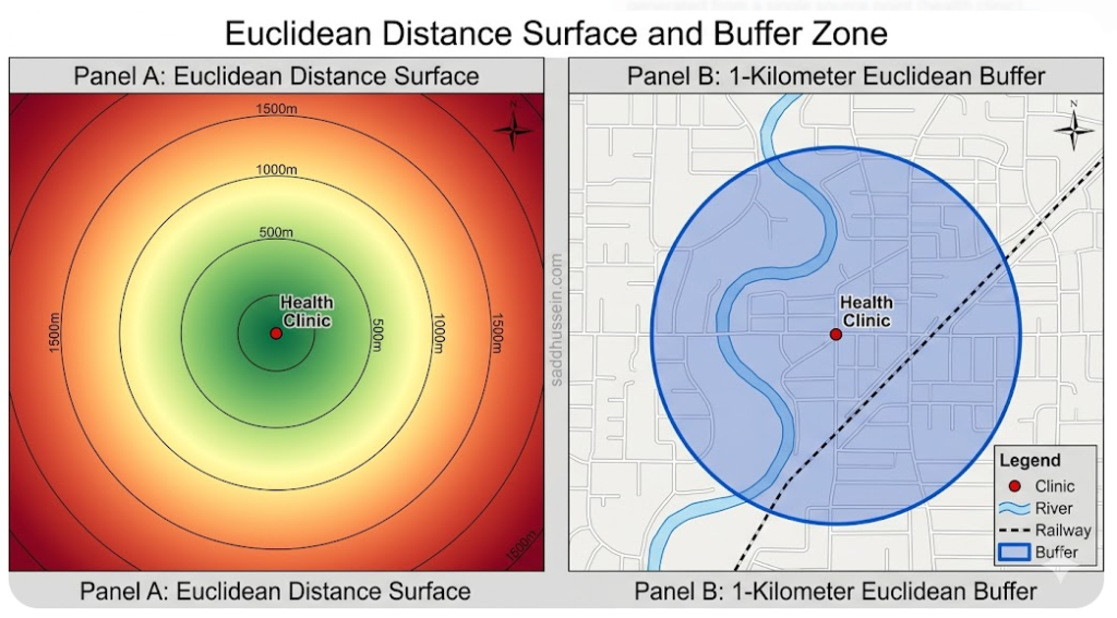 [FIGURE 1] Figure Title: Euclidean Distance Surface and Buffer Zone Alt Text: Two-panel diagram illustrating Euclidean distance in GIS. Left panel shows a Euclidean distance raster surface generated from a single source point (health clinic), displayed as a continuous color ramp from dark green (low distance, near source) through yellow to dark red (high distance, far from source), with circular isoclines at equal distance intervals radiating outward uniformly in all directions regardless of terrain or road network. Right panel shows the same source point with a 1-kilometer Euclidean buffer rendered as a perfect circle overlaid on a street map that includes a river with limited crossing points and a railway line, illustrating how the circular buffer crosses physical barriers that would prevent direct travel in reality.