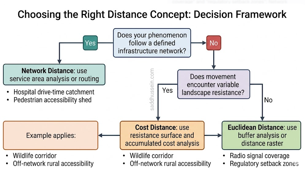 Flowchart decision diagram for selecting between Euclidean distance and network distance in GIS. The flowchart starts with the question "Does your phenomenon follow a defined infrastructure network?" with a Yes branch leading to "Network Distance: use service area analysis or routing" and a No branch leading to a second question "Does movement encounter variable landscape resistance?" with a Yes branch leading to "Cost Distance: use resistance surface and accumulated cost analysis" and a No branch leading to "Euclidean Distance: use buffer analysis or distance raster." Each terminal node includes two example applications: Euclidean examples are "radio signal coverage" and "regulatory setback zones"; Network examples are "hospital drive-time catchment" and "pedestrian accessibility shed"; Cost distance examples are "wildlife corridor" and "off-network rural accessibility." The diagram is clean and minimal with directional arrows and boxed decision nodes.
