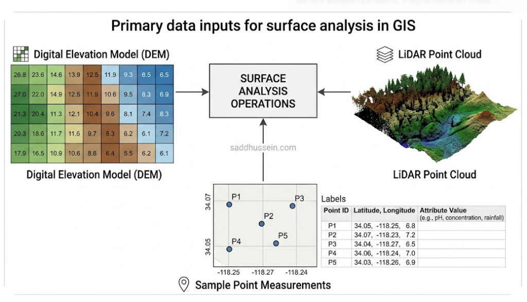 A diagram showing three data input types flowing into surface analysis operations: a digital elevation model (DEM) shown as a raster grid, a LiDAR point cloud shown as a 3D scatter plot, and a set of sample point measurements shown as georeferenced point features with attribute values.