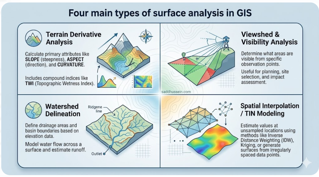A four-quadrant diagram showing the major surface analysis in GIS operation types: terrain derivative analysis (slope, aspect, curvature, TWI), viewshed and visibility analysis, watershed delineation, and spatial interpolation/TIN modeling. Each quadrant contains an icon and a short description.